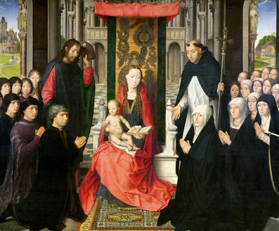 Die Jungfrau und das Kind mit St. Jakobus und St. Dominikus, die die Stifter und ihre Familie präsentieren, bekannt als die Jungfrau von Jacques Floreins, c.1490 von Hans Memling